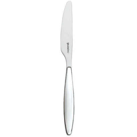 Stainless steel knife with a visible brand logo on a white background
