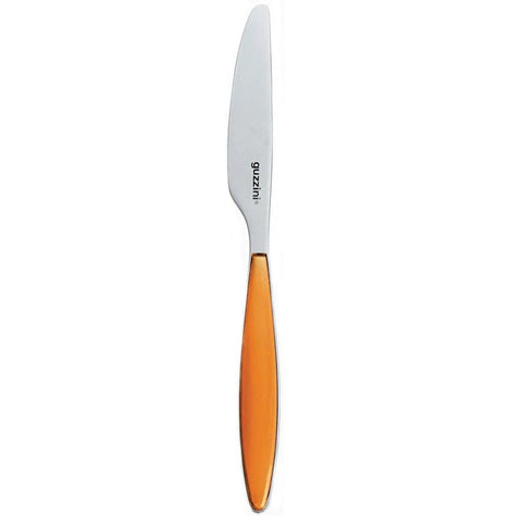 Knife with orange handle and silver blade on a white background