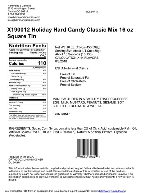 Hammond's Classic Candy - Christmas Holiday Mix - 16 oz Tin