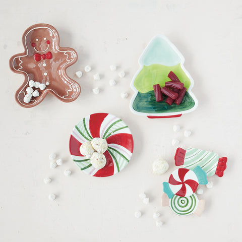 Hand-Painted Candy Shaped Dish- Green & White Stripes