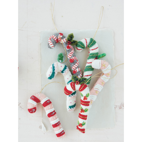 Handmade Wool Felt Candy Cane Ornament - Green/White/Red Stripes