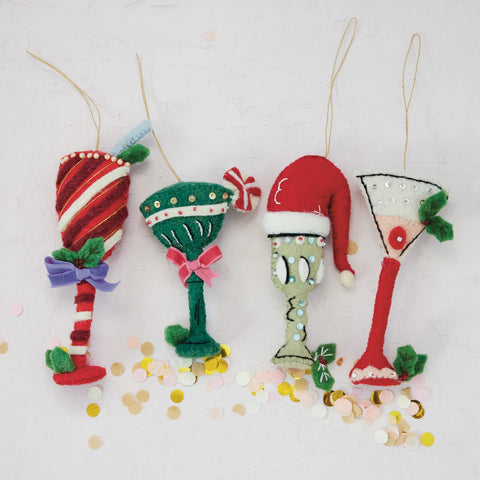 Handmade Wool Felt Holiday Cocktail Ornament - Holly Leaves