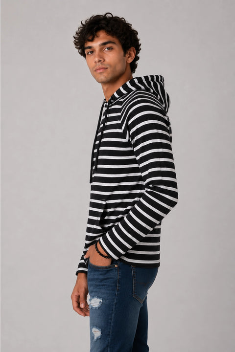 Hawks Bay Men's Grey + Black Striped Light Weight Hoodie