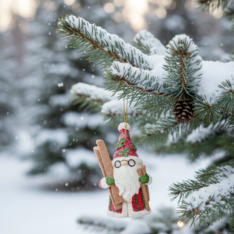 Holly-Day Skiing Santa Gnome Ornament - Holding Skis