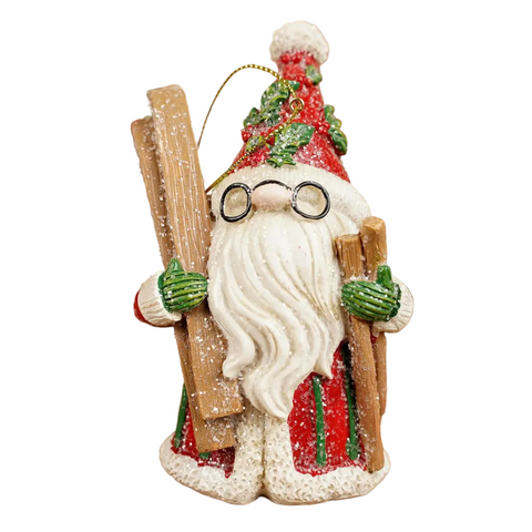 Holly-Day Skiing Santa Gnome Ornament - Holding Skis