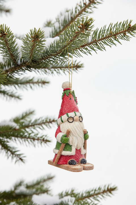 Holly-Day Skiing Santa Gnome Ornament - Snowshoes