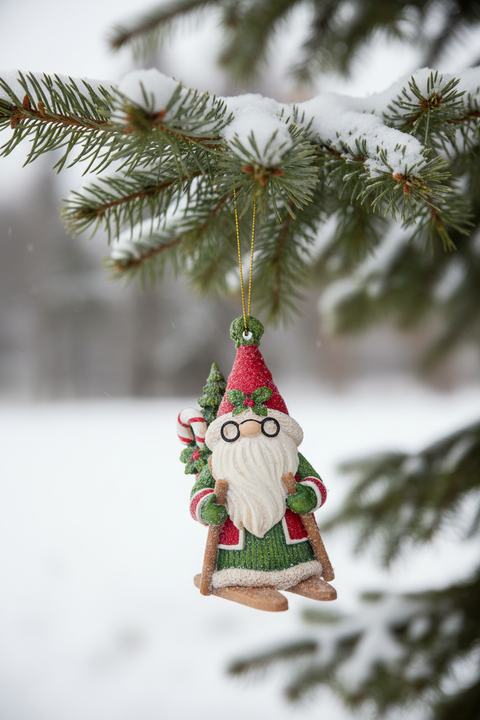 Holly-Day Skiing Santa Gnome Ornament - Green Pom