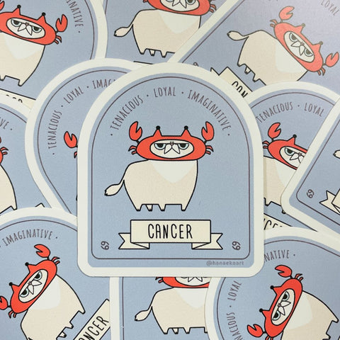 Cancer Cat Sticker, 2" x 2.5", Blue