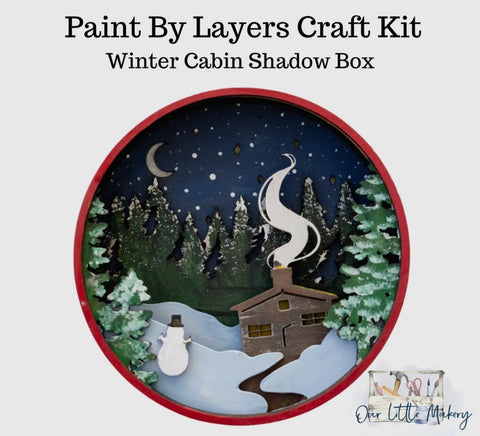 Paint by layer- Winter cabin shadow box, 6 x 2 x 6, multi