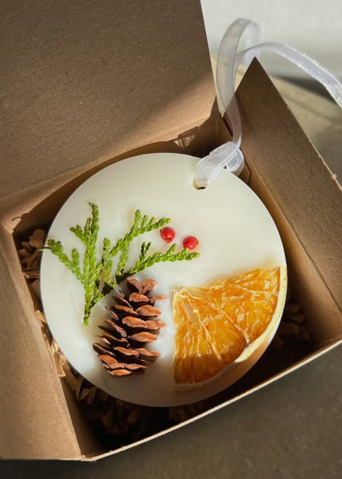 Scented Christmas Tree ornament-Clemintine and Sage, 4 x 4, white with pine