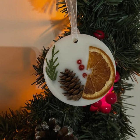 Scented Christmas Tree ornament-Clemintine and Sage, 4 x 4, white with pine