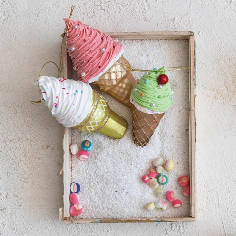 Ice Cream Cone Ornament, Pink Peppermint