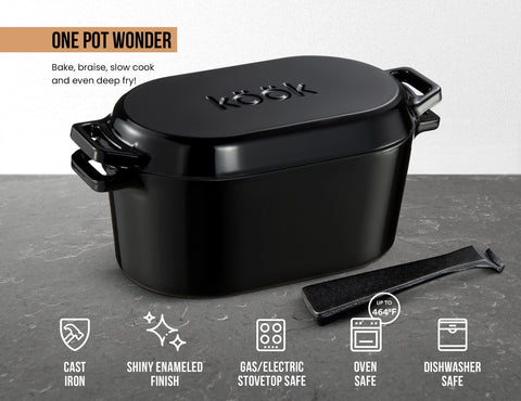 Kook Enameled Cast Iron Dutch Oven with Lid, 3.4 Qt - Black