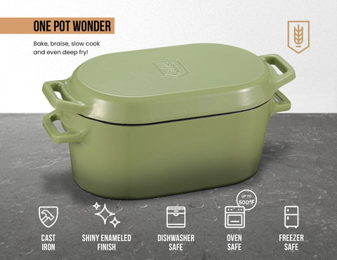 Kook Enameled Cast Iron Dutch Oven with Lid, 3.4 Qt - Sage Ombre