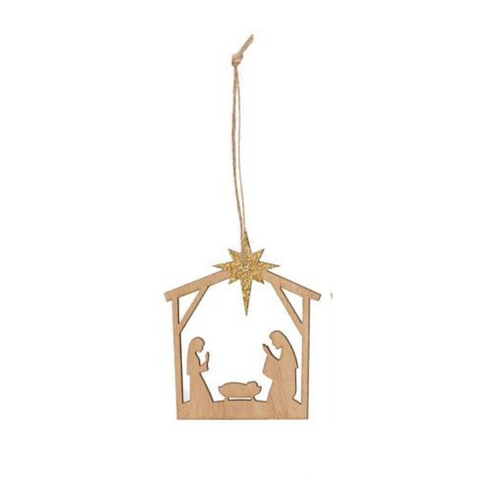 Laser Cut Nativity Ornament w/ Gold Glitter Star, A