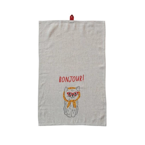 Linen Blend Printed Tea Towel - Bonjour!