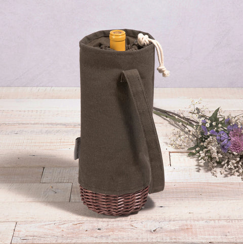 Malbec Insulated Canvas and Willow Single Bottle Wine Basket - Khaki Green + Beige
