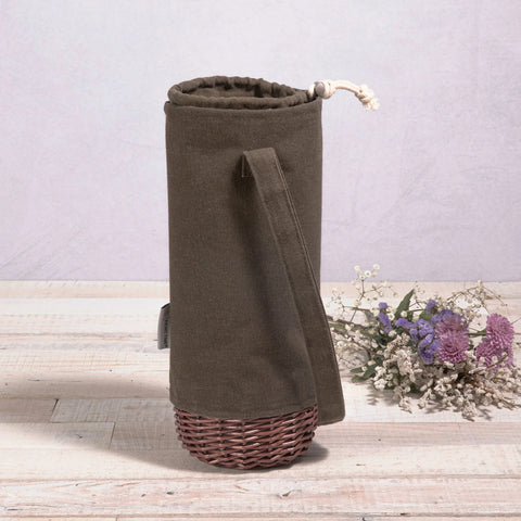 Malbec Insulated Canvas and Willow Single Bottle Wine Basket - Khaki Green + Beige