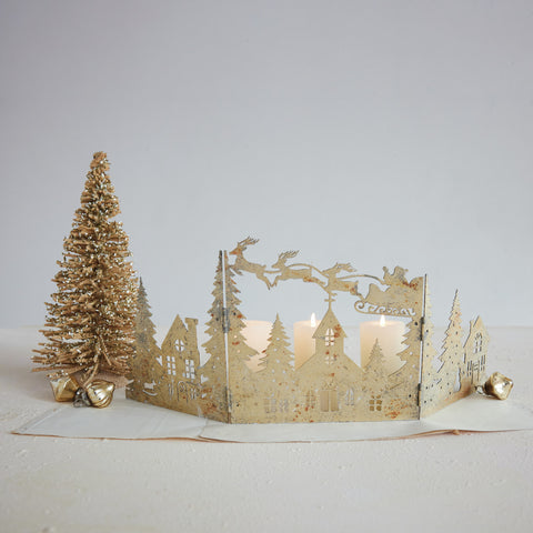 Metal Folding Mantle Scene with Santa's Sleigh Flying Over Village