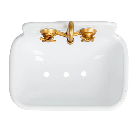 Metal Sink Soap Dish, White + Green + Gold