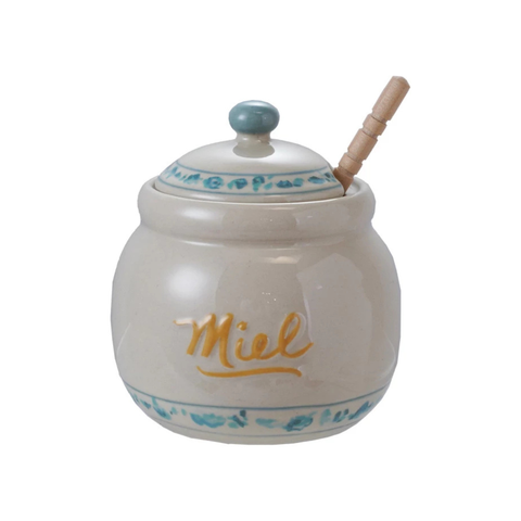 Miel Stoneware Honey Jar with Lid & Wood Dipper