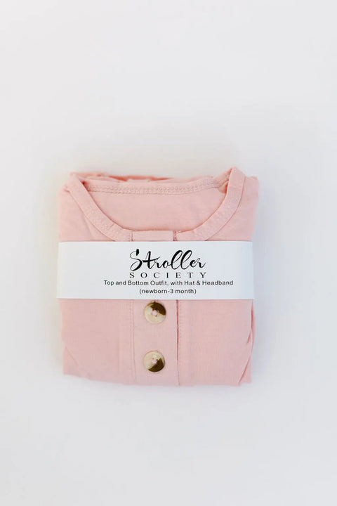 Top and Bottom Outfit, Hat and Headband Set (Newborn - 12 months) - Pink - Stroller Society