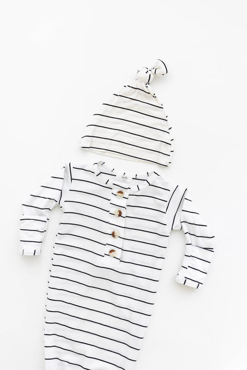 Knotted Baby Gown Set - Black Stripes (Newborn-3 months) - Stroller Society