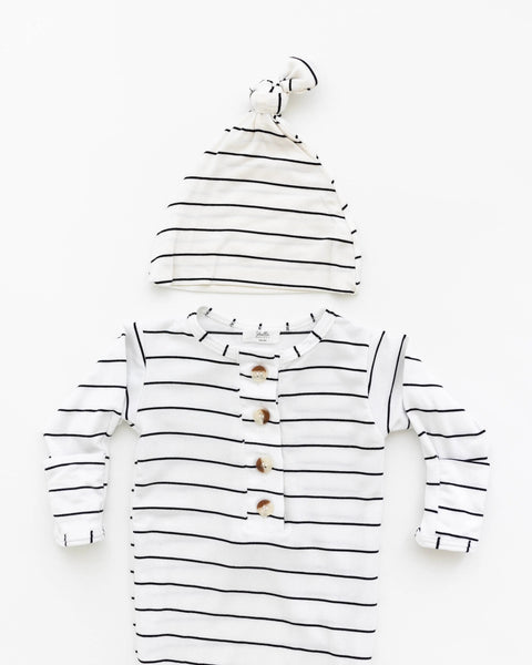 Knotted Baby Gown Set - Black Stripes (Newborn-3 months) - Stroller Society