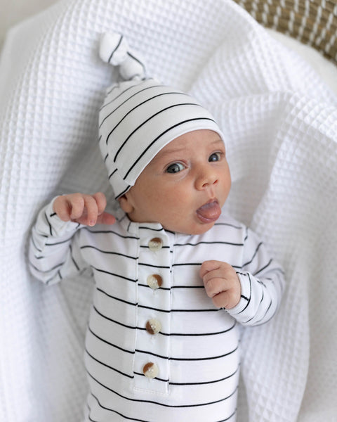 Top and Bottom Outfit and Hat Set (Newborn-12 months sizes) Black Stripes - Stroller Society