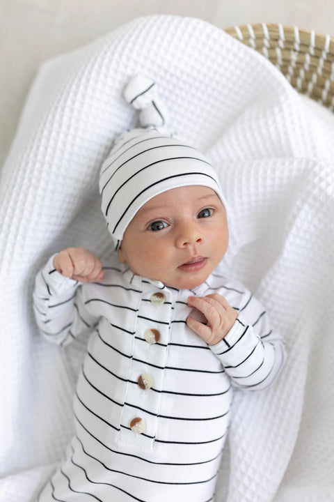 Knotted Baby Gown Set - Black Stripes (Newborn-3 months) - Stroller Society