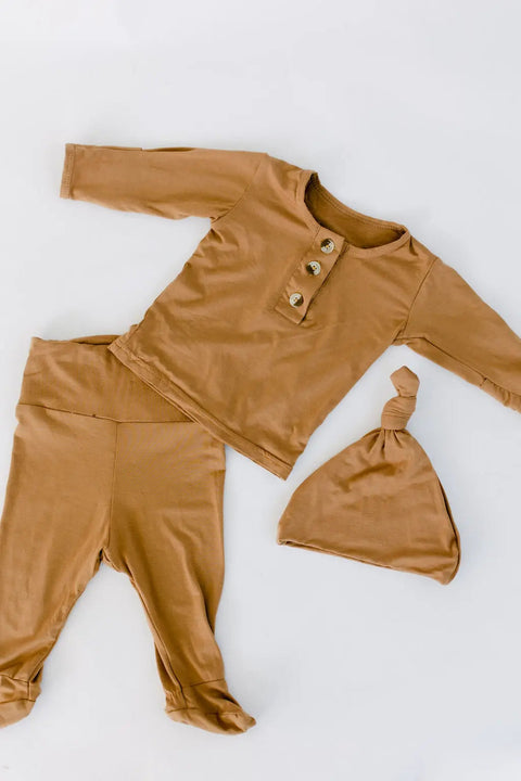 Top and Bottom Outfit and Hat Set (Newborn-12 months sizes) Camel - Stroller Society