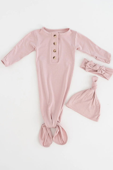 Knotted Baby Gown, Hat, Headband Set – Newborn Baby Girl Outfit - Dusty Rose - Stroller Society