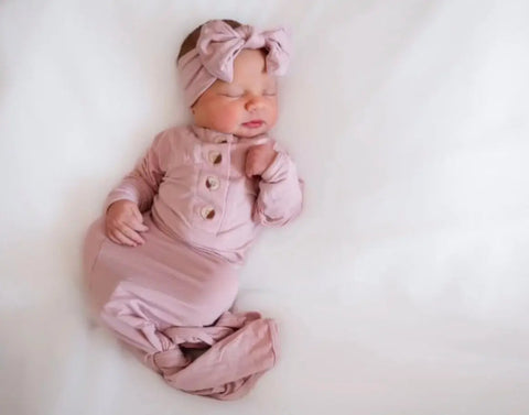 Knotted Baby Gown, Hat, Headband Set – Newborn Baby Girl Outfit - Dusty Rose - Stroller Society