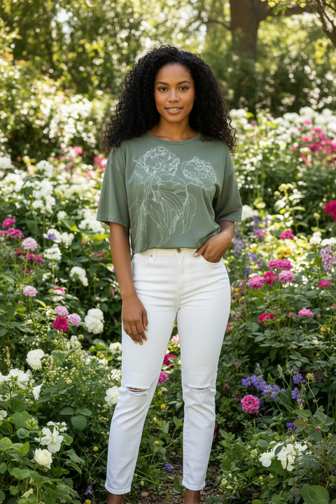 Peonies Clover Crop Tee by Supermaggie - Olive