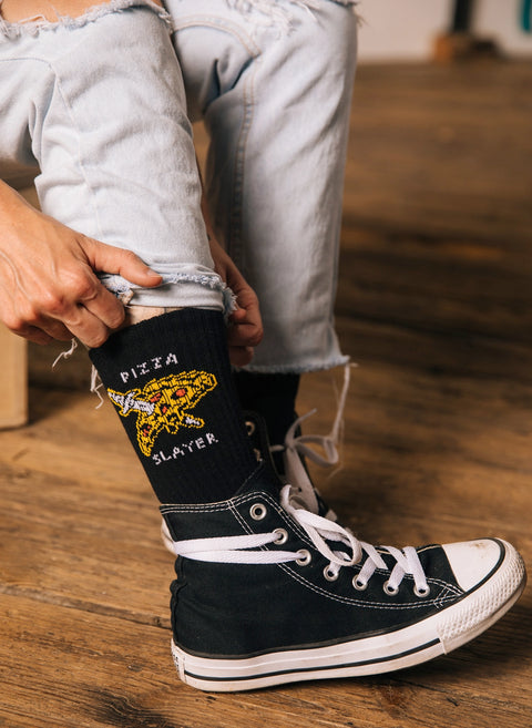 Pizza Slayer Comfy Crew Socks by Pyknic