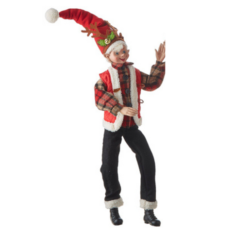 Posable Elf With Reindeer Antlers - Red Vest