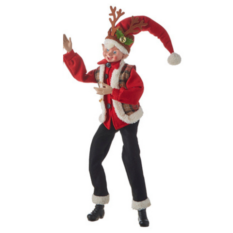 Posable Elf With Reindeer Antlers - Plaid Vest