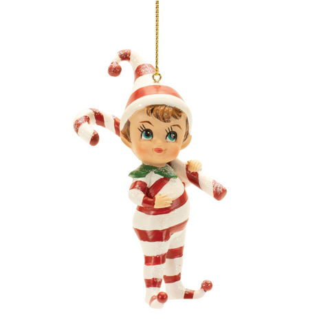 Retro Elf With Candy Cane Ornament