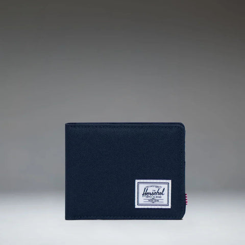 Navy blue wallet with a brand label on a gray background