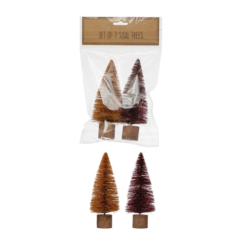 Set of 2 Bottle Brush Trees in Bag, Natural + Burgundy