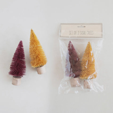 Set of 2 Bottle Brush Trees in Bag, Natural + Burgundy