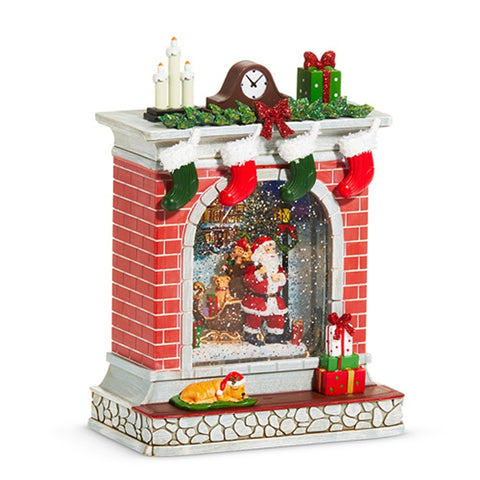 Santa With Dog Lighted Water Fireplace