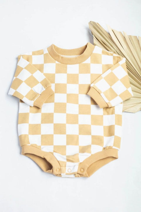 Organic Checkered Oversized Bubble Romper, 3-6M, Sand