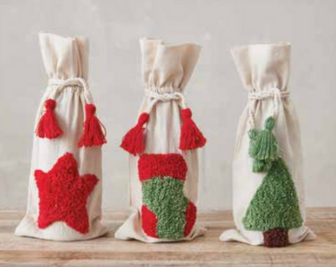 Woven Drawstring Wine Bag With Tufted Tree Design