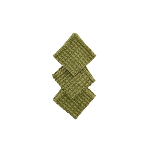 Set Of Three Stonewashed Cotton Waffle Weave Dish Cloths, Green