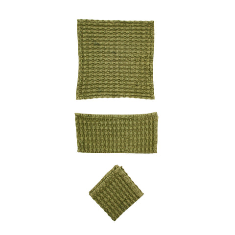 Set Of Three Stonewashed Cotton Waffle Weave Dish Cloths, Green