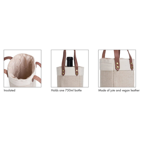 Single Bottle Insulated Wine Cooler Tote Bag - Beige + Brown