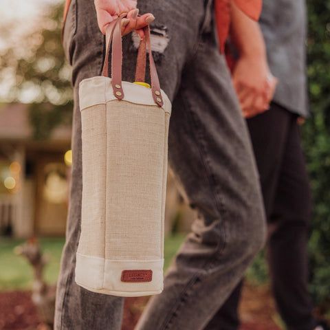 Single Bottle Insulated Wine Cooler Tote Bag - Beige + Brown