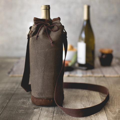 Single Bottle Insulated Wine Cooler Tote Bag - Khaki Green + Beige