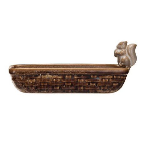 Stoneware Dish With Squirrel Holding Acorn